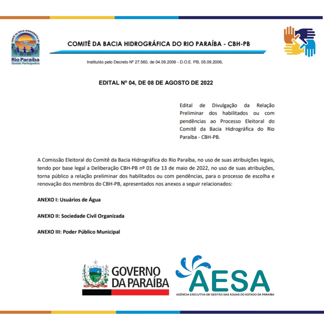 AESA DIVULGA RELAÇÃO DOS INSCRITOS NO PROCESSO ELEITORAL DO CBH-PB
